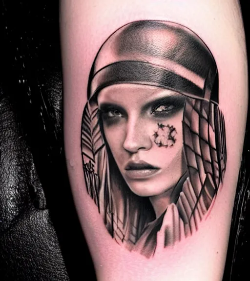 Image similar to tattoo design on white background of a beautiful girl warrior, hyper realistic, realism tattoo, by eliot kohek