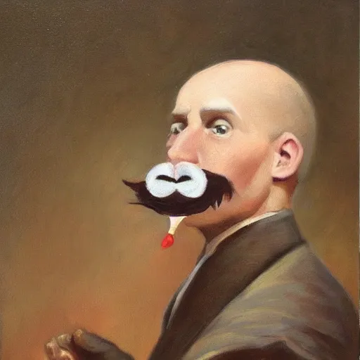 Image similar to a chicken butler, fancy mustache, monocle, highly detail, oil painting , accurate anatomy,