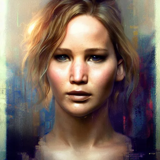 Image similar to jennifer lawrence, hyperrealistic portrait, bladerunner street, art of elysium by jeremy mann and alphonse mucha, fantasy art, photo realistic, dynamic lighting, artstation, poster, volumetric lighting, very detailed face, 4 k, award winning