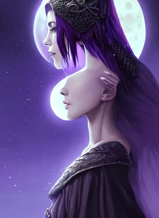 Image similar to moon in the background, side portrait dark witch!!!!!!!!!!, adventurer outfit large cloak, fantasy forest landscape, dragon scales, fantasy magic, undercut hairstyle, short purple black fade hair, dark light night, intricate, elegant, sharp focus, illustration, highly detailed, digital painting, concept art, matte, art by WLOP and Artgerm and Greg Rutkowski and Alphonse Mucha, masterpiece