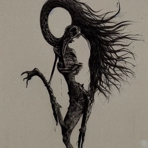 Prompt: grunge drawing of a snake by - Zdzisław Beksiński , corpse bride style, horror themed, detailed, elegant, intricate