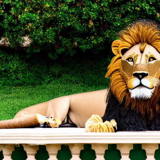 Image similar to a very detailed photo of a lion ( smoking a cigar ) outside the mansion by the pool