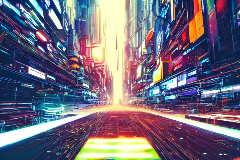 Prompt: abstract depiction of a complex city where the connections are seen as streaks of intense light, cyberpunk style