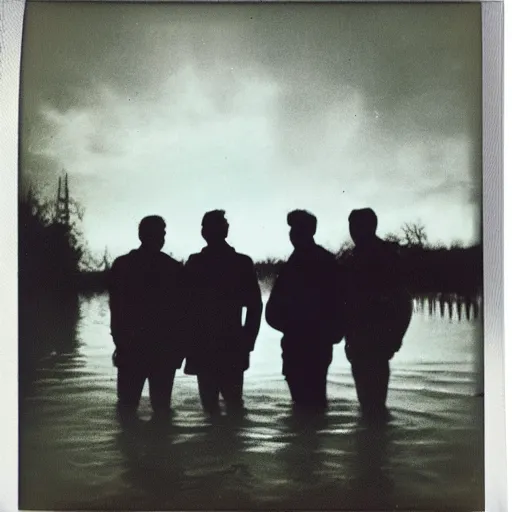 Image similar to an old polaroid of the silhouette of three friends standing in front of a flooded german town, chiaroscuro, nostalgic, with a lot of sentimental value, good old memories