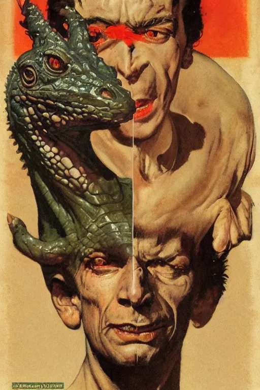 Image similar to 5 0 s pulp scifi fantasy illustration upper body and head portrait of lizard man, by norman rockwell, roberto ferri, daniel gerhartz, edd cartier, jack kirby, howard v brown, ruan jia, tom lovell, frank r paul, jacob collins, dean cornwell, astounding stories, amazing, fantasy, other worlds