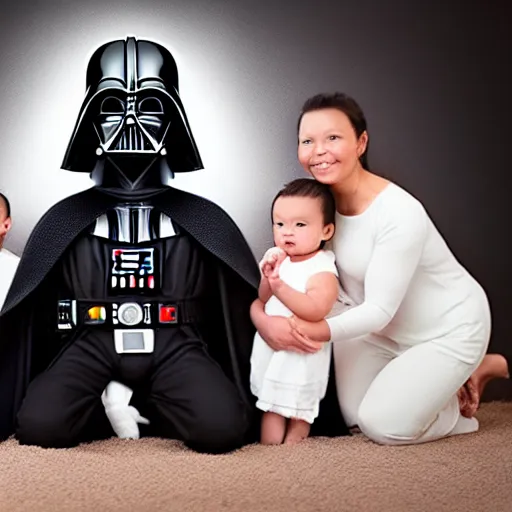 Prompt: a picture of Darth Vader holding a baby in a family portrait with wife and kids, photoshoot, studio lighting. Realistic, professional photography