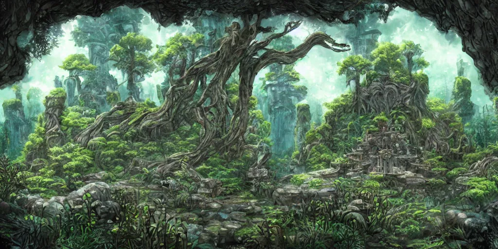 Image similar to ancient magical overgrown ruins, mysetrious etherial mesmerizing atmosphere, beautiful lighting, secret runestones, nordic forest, extremely intricate, hyper detailed, hd, legend of zelda, studio ghibli art, masterpiece