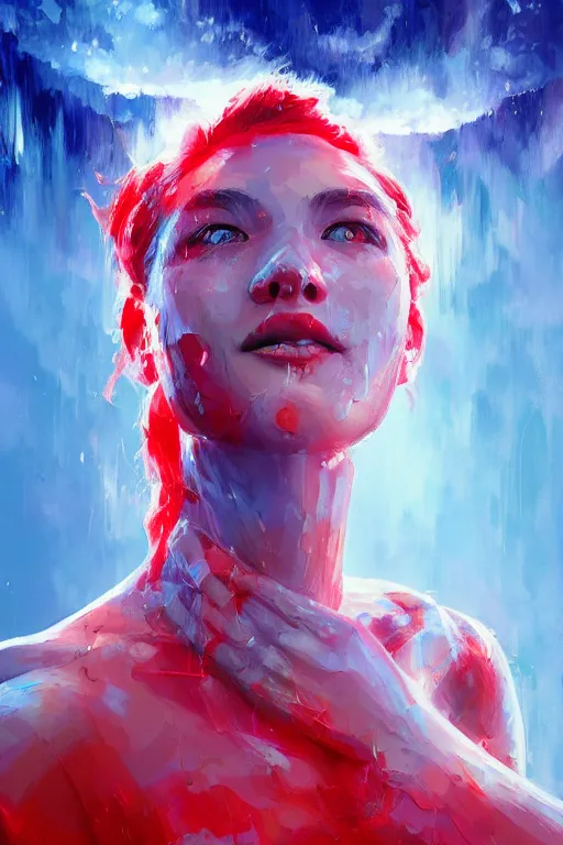 Image similar to 3 d, sci - fi, morning, smiling fashion model face, sun, cinematic, lightning clouds, vogue cover style, water, light red and deep blue mood, realistic painting, intricate oil painting, high detail, figurative art, multiple exposure, poster art, 3 d, by tooth wu and wlop and beeple and greg rutkowski