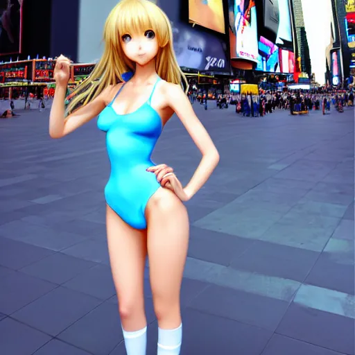 Prompt: a very beautiful young anime giantess, full body, standing in time square, long wavy blond hair, sky blue eyes, full round face,, bikini, miniskirt, front view, mid - shot, highly detailed, cinematic wallpaper by stanley artgerm lau