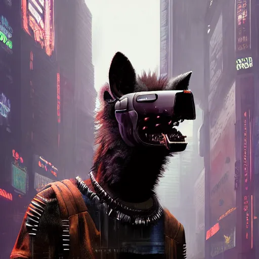 Image similar to new york city portrait of furry anthro anthropomorphic spotted hyena head animal person fursona wearing clothes strange cybernetic muzzle gloomy rainy screenshot from the video game cyberpunk 2077 digital art by Greg Rutkowski, Simon Stalenhag, christopher nolan trending on Artstation, CGSociety