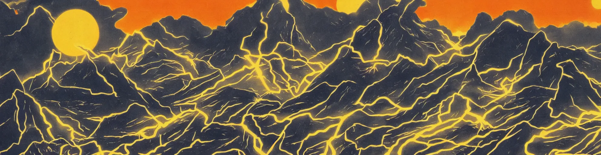Image similar to solar montain with lightning bolts in 1940s propaganda poster
