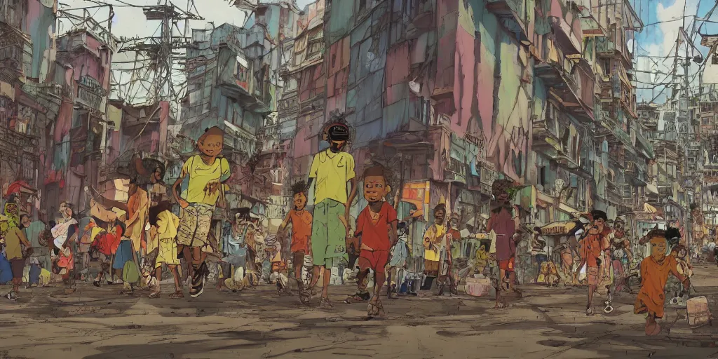 Prompt: a film still from Tekkonkinkreet by Ian McQue , 4 kids wearing african tribal masks with graffiti war paint run through dusty street of favela city, vibrant, 35mm lens, Dutch angle, video game character design, 2d game lineart behance hd, studio, dramatic lighting, cinematic, global illumination, trending on Artstation, bloom