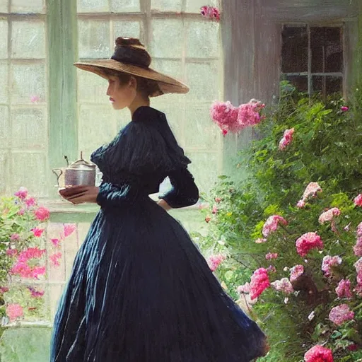 Prompt: very thick paint brush strokes paint texture full body fashion model emma watson by Jeremy Lipking by Hasui Kawase by Richard Schmid (((smokey eyes makeup eye shadow fantasy, glow, shimmer as victorian woman in a long white frilly lace dress and a large white hat having tea in a sunroom filled with flowers, roses and lush fern flowers ,intricate, night, highly detailed, dramatic lighting))) , high quality