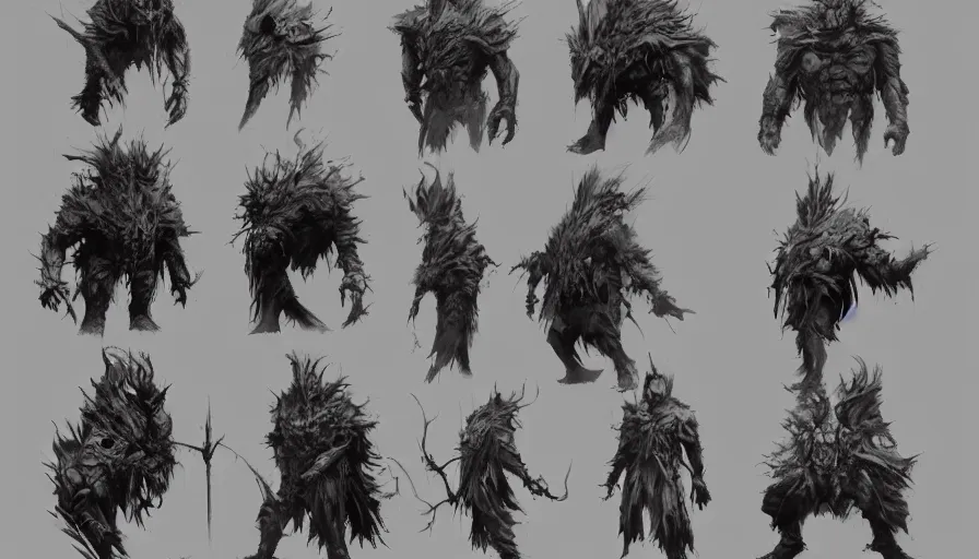 Image similar to feral chieftain charector concept sheet, beksinski, ruan jia, the hobbit orc concept, dark soul concept