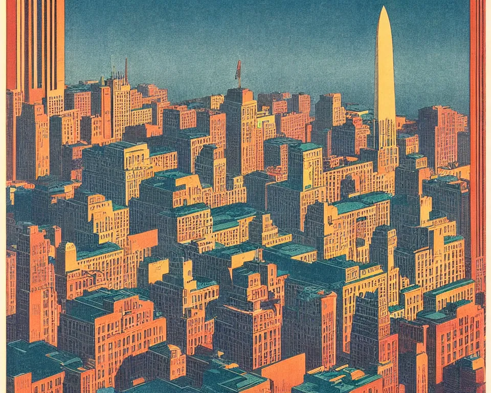 Image similar to resplendent art deco print of Washington, DC by Hasui Kawase and Lyonel Feininger