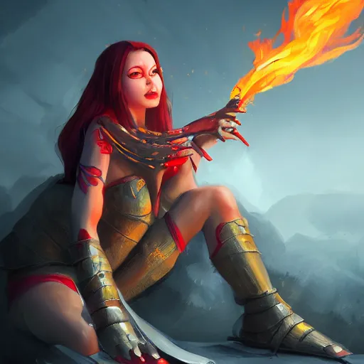 Image similar to Hot fire giantess, sitting down, shrouded humanoid on lap, fire in hand, warrior queen, concept art, artstation, 4k
