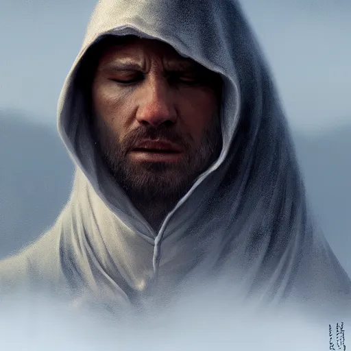 Prompt: a portrait of an hooded man praying, Matte painting , detailed painting, made by Greg Rutkowski, 4k, atmospheric