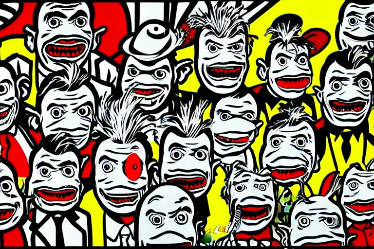 Image similar to anthropomorphic highly detailed wide - angle group portrait of grey cute mr bean goblins looking funny by roy lichtenstein, by andy warhol, ben - day dots, pop art, bladerunner, pixiv contest winner, cyberpunk style, vivid color scheme, high resolution, hd, intricate detail, fine detail, 8 k