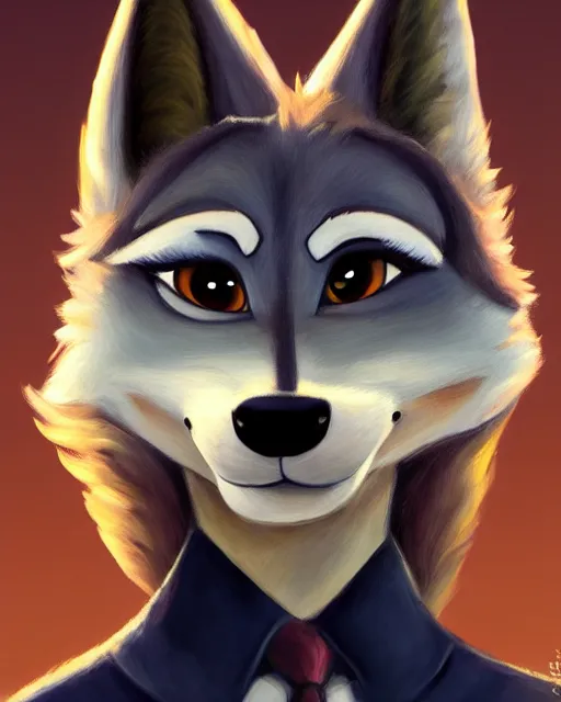 Image similar to oil painting of anthromorphic female wolf, in style of zootopia, female fursona, furry, furaffinity, 4 k, deviantart, furry art, fursona art, wearing black business suit, business suit, wolf fursona, female, very expressive detailed feminine face,