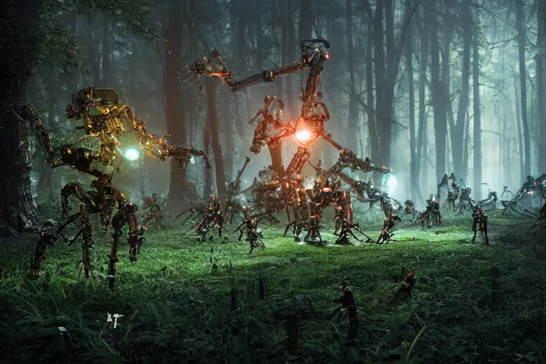 Image similar to 1 0 0 0 0 robots fightin in the forest, hyper realistic, ambient lighting, concept art, intricate, hyper detailed, smooth, dynamic volumetric lighting, octane, raytrace, cinematic, high quality, high resolution, 4 k, cgsociety, rutkowski, gurney, h. r. giger