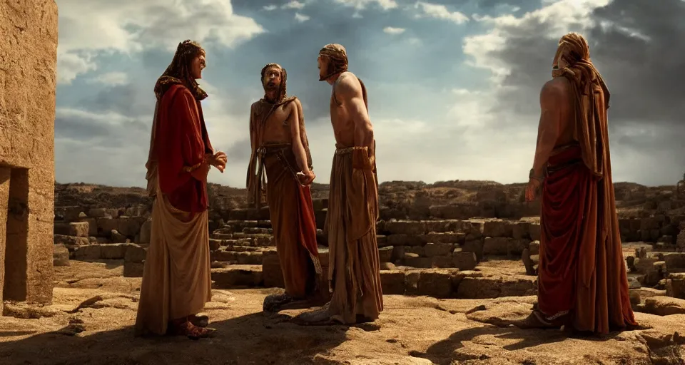 Image similar to award winning cinematic still of 26 year old male in ancient Canaanite clothing meeting 18 year old female in ancient Canaanite clothing, dramatic lighting, establishing shot, high detail, Biblical epic directed by Wes Anderson, HD, wallpaper,