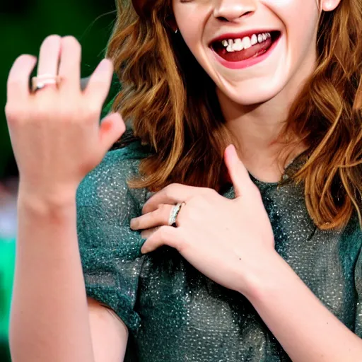 Image similar to A photo of laugh emma watson showing wedding ring on his finger. 50 mm. perfect ring. award winning photography