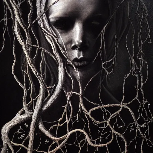 Prompt: award - winning painting of person infested with pitch black, tar - like, shadow roots with lots of tendrils on the skin, black veins, intricate detail, deep black roots, infestation, shadowy, lovecraftian, beksinksi, black and white, chiaroscuro, portrait painting