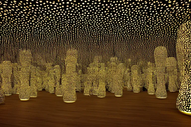 Image similar to Yayoi Kusama infinity room photorealistic hyperdetailed floating lights 35mm 4k
