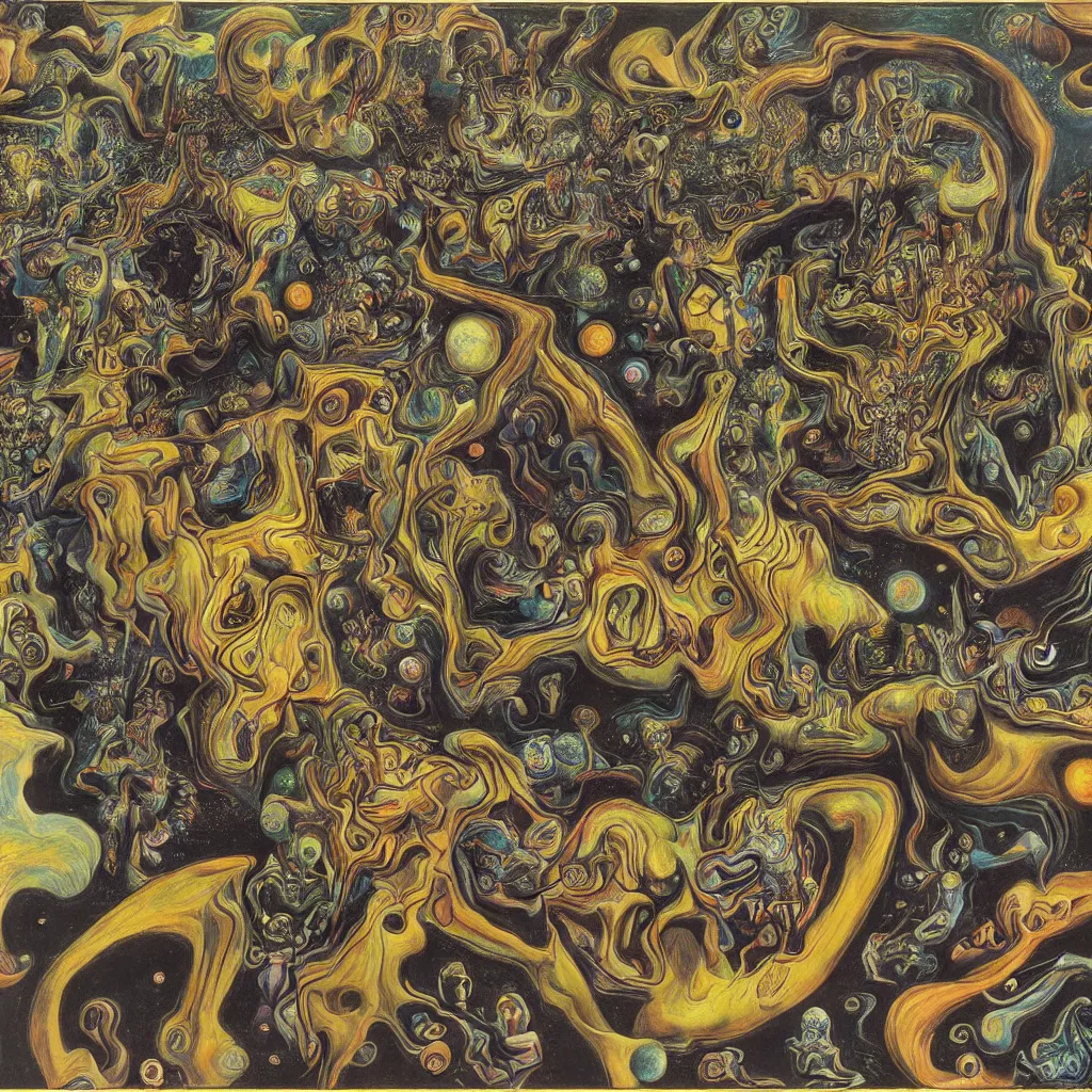 Image similar to intergalactic psychonaut unholy gathering, 4K, by collaboration of M. C. Escher and Salvador Dali and Van Gogh