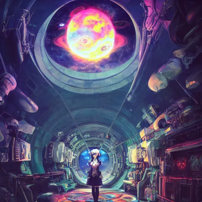 Image similar to Albedo from overlord, mamimi samejima, psychedelic background, epcot, inside a space station, eye of providence, female anime character, Lain, uwu, uwu, Luminism, Tomas Sanchez, Karla Knight, surrealism, Simon Stålenhag, M. C. Escher, Ruan Jia, uwu Hi-Fructose, Artstation, HD, HDR, High Resolution, technological rings, giygas