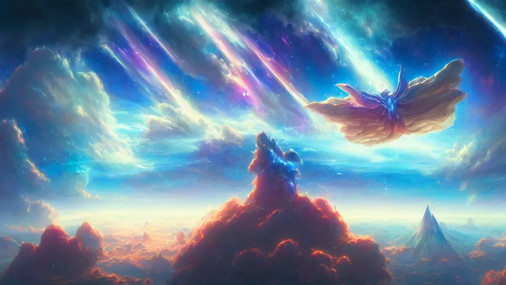 Prompt: nebula gasses in the background up high by Gene Raz Von Edler, fantasy magic angel concept art by Donato Giancola, Cloudscape above the clouds by Adam Paquette, A floating island with anime aesthetic, Rendered in Octane, cinematic, Highly Detailed