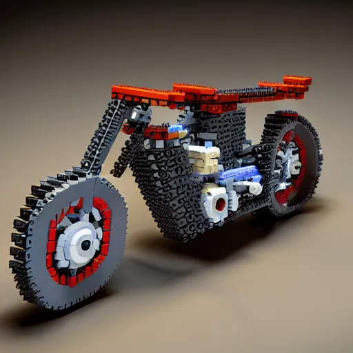 Image similar to motorcycle made entirely out of legos, global illumination, photorealistic