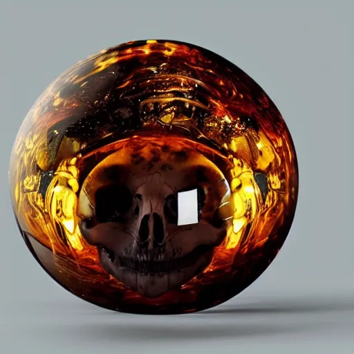 Image similar to a detailed alien skull encased inside amber sphere, photo realistic, hd,