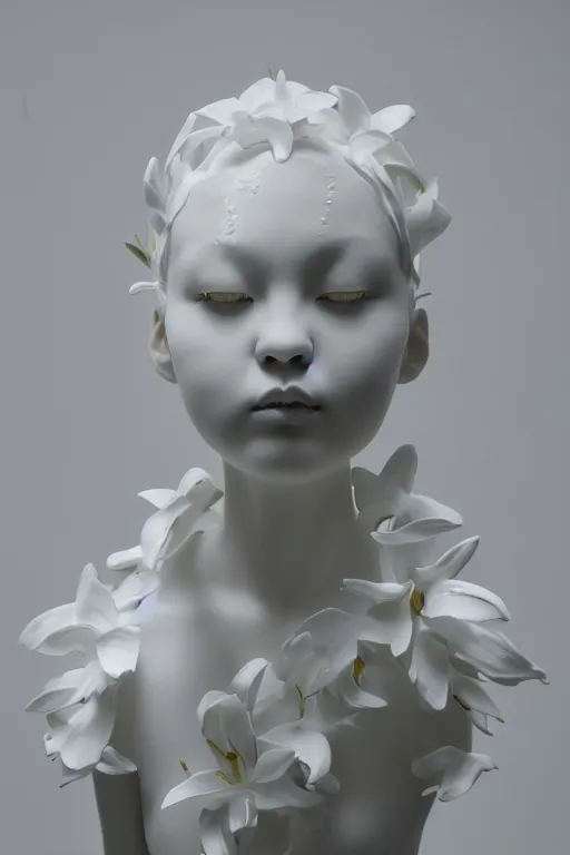 Image similar to full head and shoulders, beautiful female porcelain sculpture by daniel arsham and james jean, smooth, all white features on a white background, delicate facial features, white eyes, white lashes, detailed tangled white lillies and lillie leaves on the head, volumetric lighting