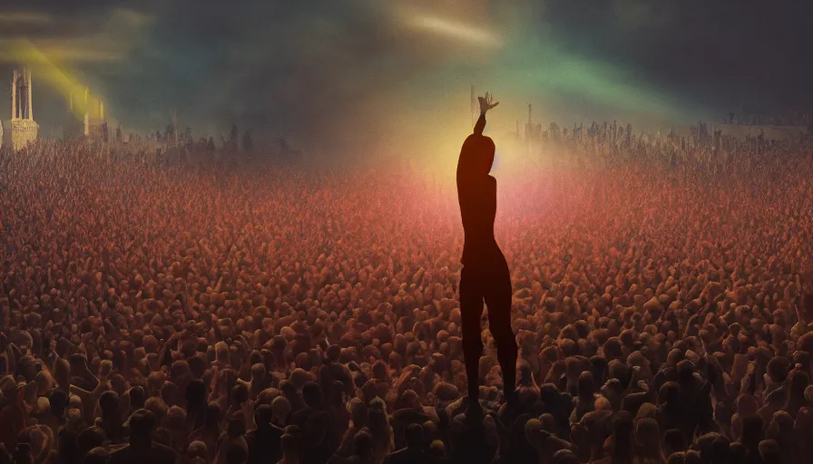 Image similar to painting of a crowd with raised arms pointing towards a glowing sky, volumetric lighting, nasty, hyperdetailed, realistic