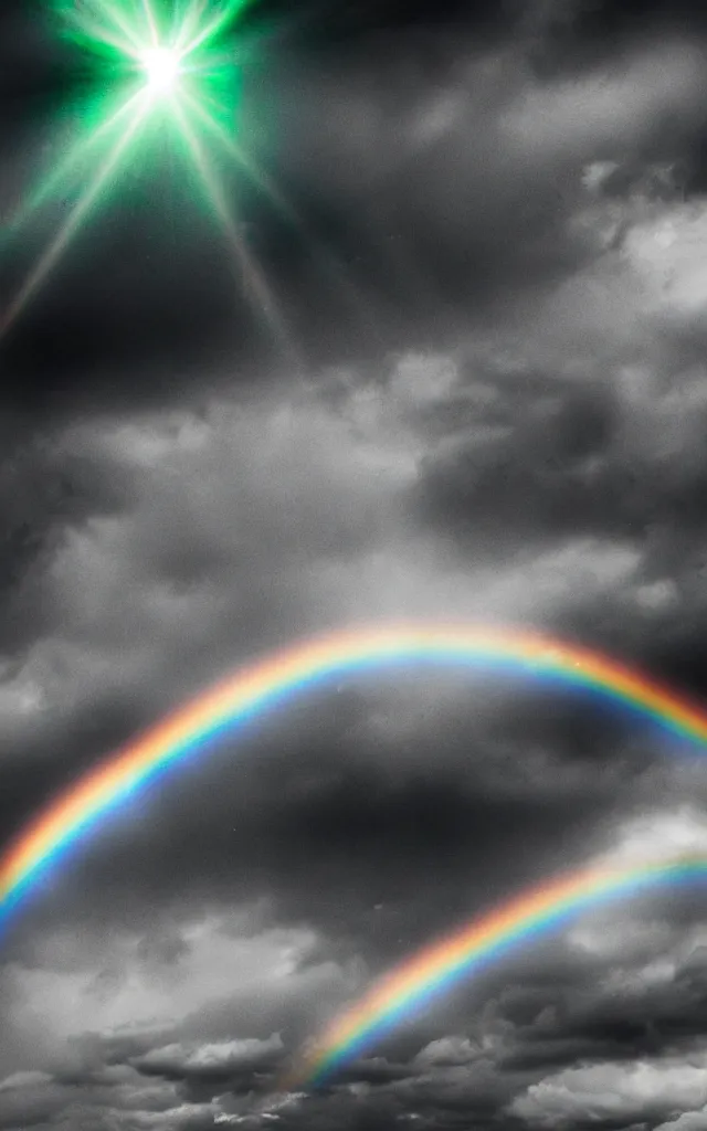 Image similar to dark night dramatic airbrushed clouds over black background, dim rainbow with ring shape in the distance, light gleams and beams, little green flares, photography fantasy, realistic