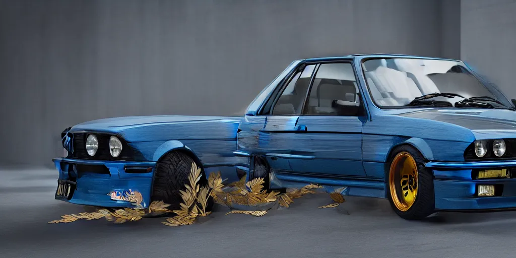 Image similar to a design of a bmw e30, designed by Polestar, blade runner background, iridescent blue car paint, wrapped in extremely ornate and intricate golden leaf, black windows, dramatic lighting, hyper realistic render, depth of field, 8k, rendered in octane
