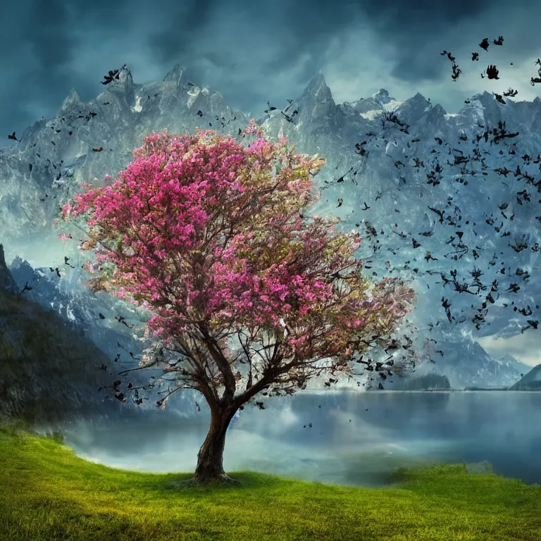 Image similar to a beautiful awesome artistic tree with falling flowers like leaves and many birds, all in the amazing outdoors view, mountain in the background, lake, long exposure, 8 k resolution, trending on artstation