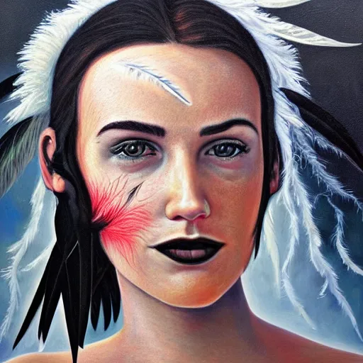 Prompt: detailed realistic oil painting youthful young jennifer connelly with black feathers instead of hair, dark fae, black lips, gray mottled skin, feathers growing out of skin, feathers growing from arms, black hands with long black claws, pale and sickly, profile view, full body, gothic, - - ar 9 : 1 6