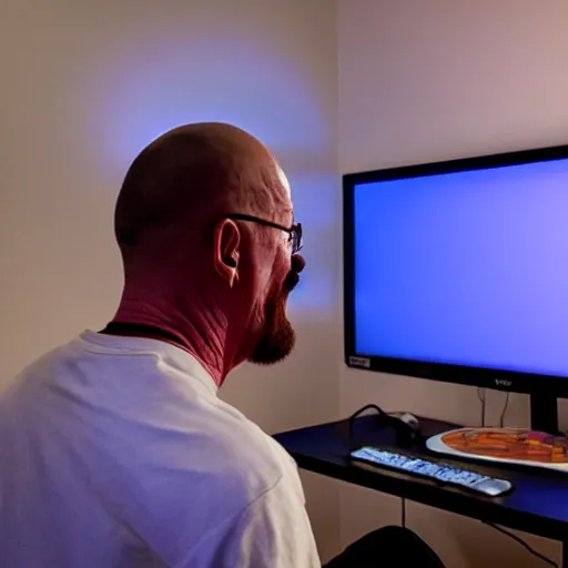 Prompt: dslr photo of walter white as a twitch streamer, playing video games, room lit with leds. he is screaming at the screen. realism, sharp focus, volumetric lighting