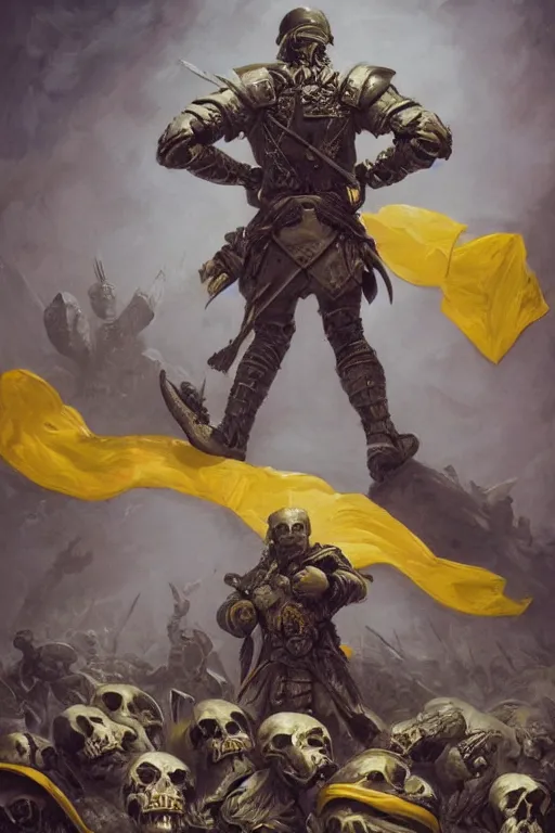 Prompt: A distant shot view from behind of soldier with a blue and yellow flag behind him is standing on a pile of skulls in triumph after the battle, extended art, D&D, fantasy, intricate, elegant, highly detailed, hyper realistic, digital painting, artstation, concept art, matte, sharp focus, illustration, art by Artgerm and Noah Bradley and Scott M Fischer and Greg Rutkowski and Alphonse Mucha