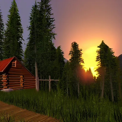 Image similar to a log cabin in the middle of the forest with a dirt path leading up to it, at sunset, Second Life game screenshot