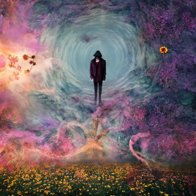 Image similar to a planet of various flowers, fungus and plants, in which the singular human figure is dressed in something magical and impressive, inside the picture is infinity, sunset light, Atmospheric phenomenon, artistic photography, muted colors, conceptual, long exposure outside the city, volumetric light