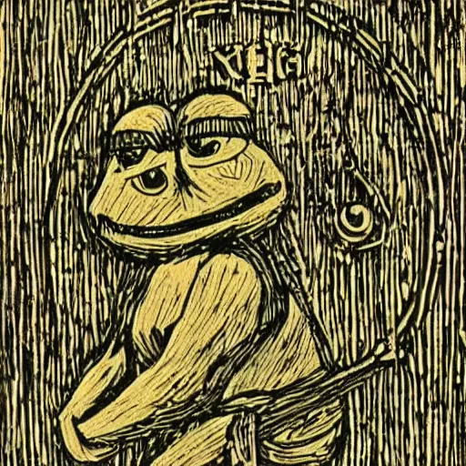 Image similar to pepe the frog, viking saga, woodcut by christian krohg