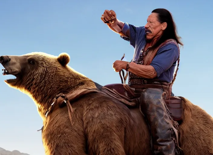 Image similar to film still of danny trejo on a saddle riding a bear wearing a bandana in mexico, 8 k