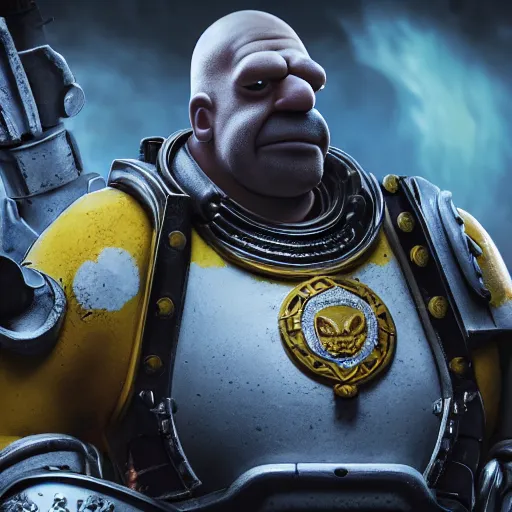 Image similar to Portrait of Homer Simpson as the emperor of humanity from warhammer 40k in Gears of War, splash art, movie still, cinematic lighting, dramatic, octane render, long lens, shallow depth of field, bokeh, anamorphic lens flare, 8k, hyper detailed, 35mm film grain