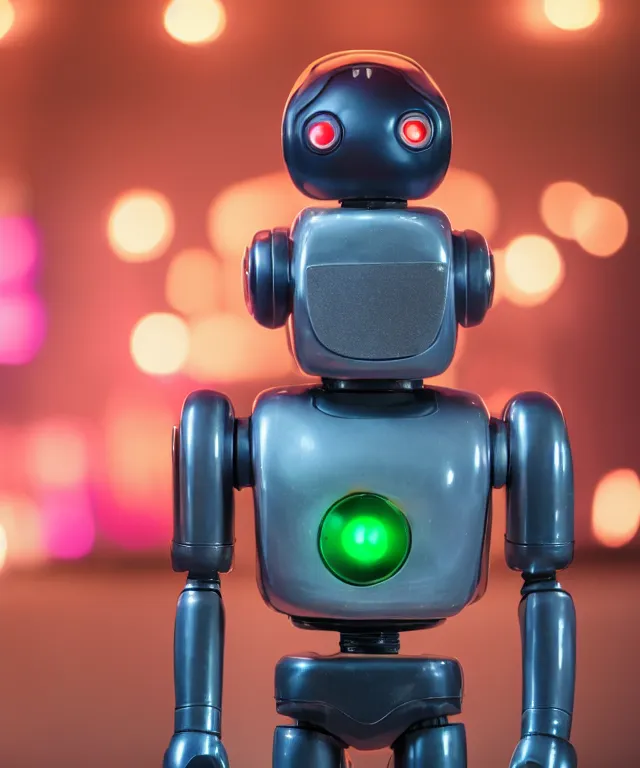 Image similar to high quality presentation photo of a retro toy robot with glowing eyes, photography 4k f1.8 anamorphic bokeh 4k Canon Nikon