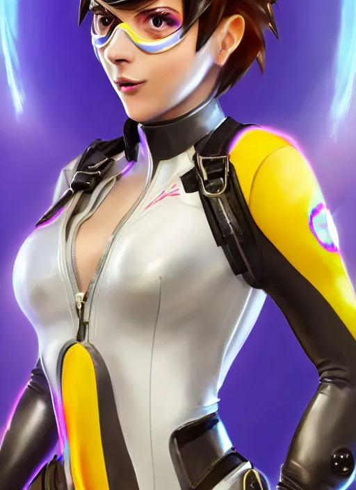 Image similar to portrait bust digital artwork of tracer overwatch, wearing white iridescent rainbow latex and leather straps catsuit outfit, 4 k, expressive happy smug expression, makeup, in style of mark arian, angel wings, wearing detailed black leather collar collar collar collar, chains, black leather harness, detailed face and eyes,