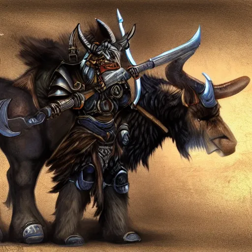 Image similar to minotaur tauren warrior, black fur blue eyes, plate armor battle axe, fantasy concept art