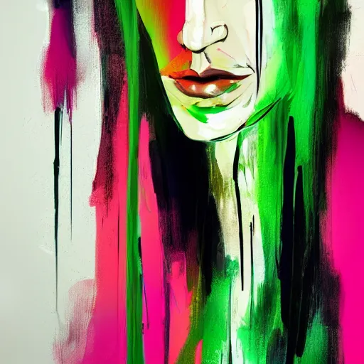 Image similar to closeup, very few thick long paint brush strokes, abstract depiction of the physique of one!!! very thin black suit man with green long straight hair posing dramatically, closeup, matte colors, conrad roset, dark abstract background, abstract painting trending on artstation